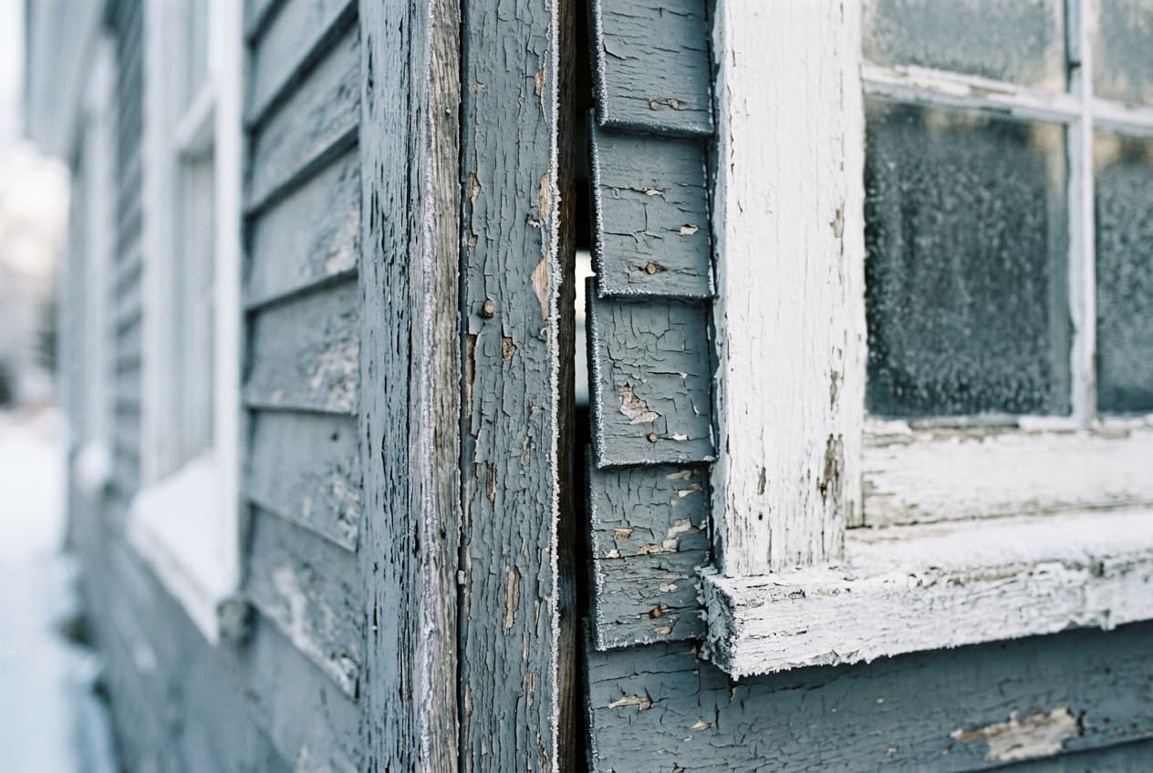 Close-up of a gap opened between weathered clapboard siding and a window's trim, with frost along the edge