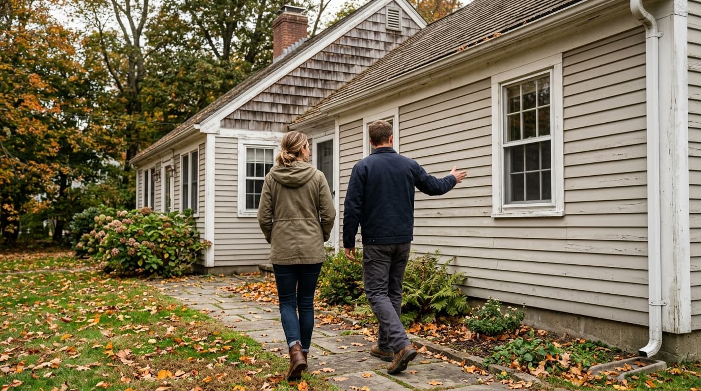 A homeowner and a contractor, seen from behind, walking along the side of a New England cape with faded, aging siding on an overcast fall day