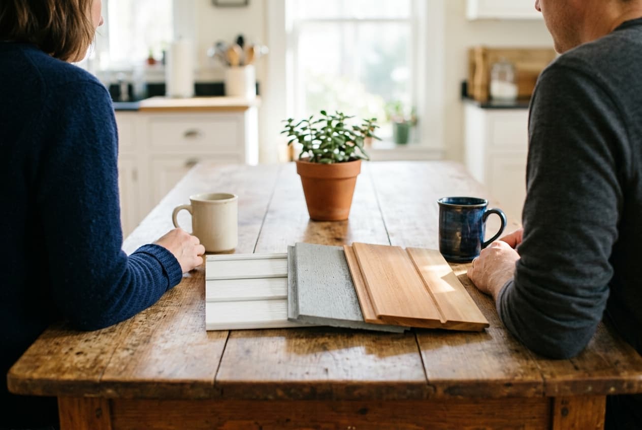 Two homeowners at a kitchen table, faces out of frame, with vinyl, fiber-cement, and cedar-tone siding sample boards laid out between their coffee mugs