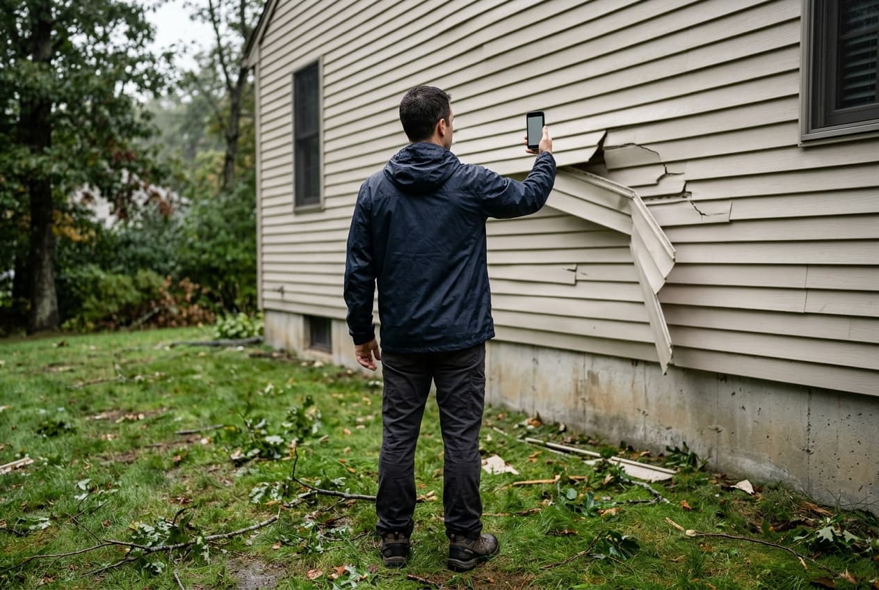 A homeowner, back to the camera, photographing wind-damaged vinyl siding on the side of a house with a phone, with small fallen branches on the lawn