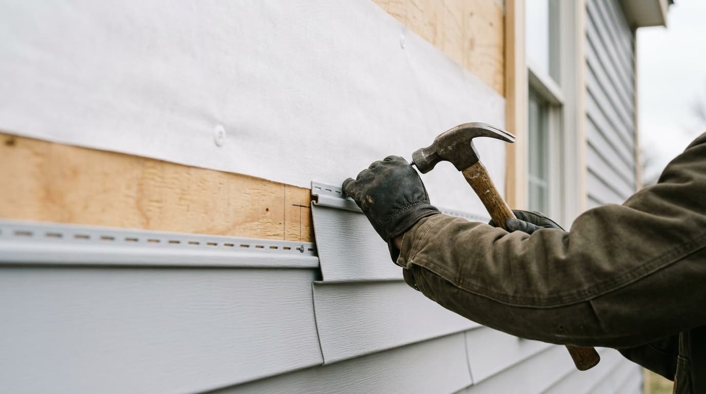 A gloved hand nailing a new light gray vinyl siding panel to the wall of a home, with plain white weather barrier visible above the installed courses