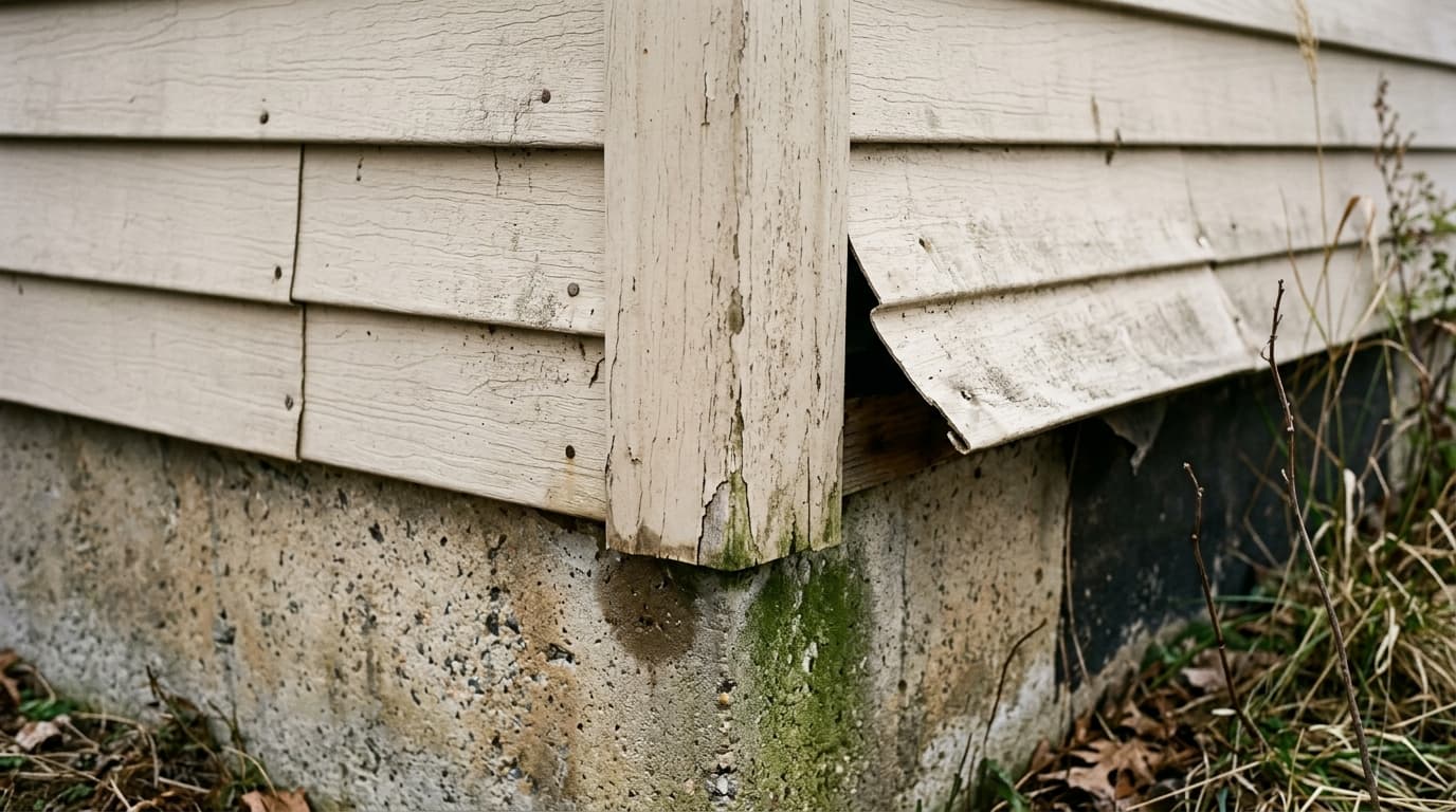 Bottom corner of an older house where cracked, chalky vinyl siding meets the foundation, with one panel lifted away from the wall and a dark water stain and algae at the base of the corner board