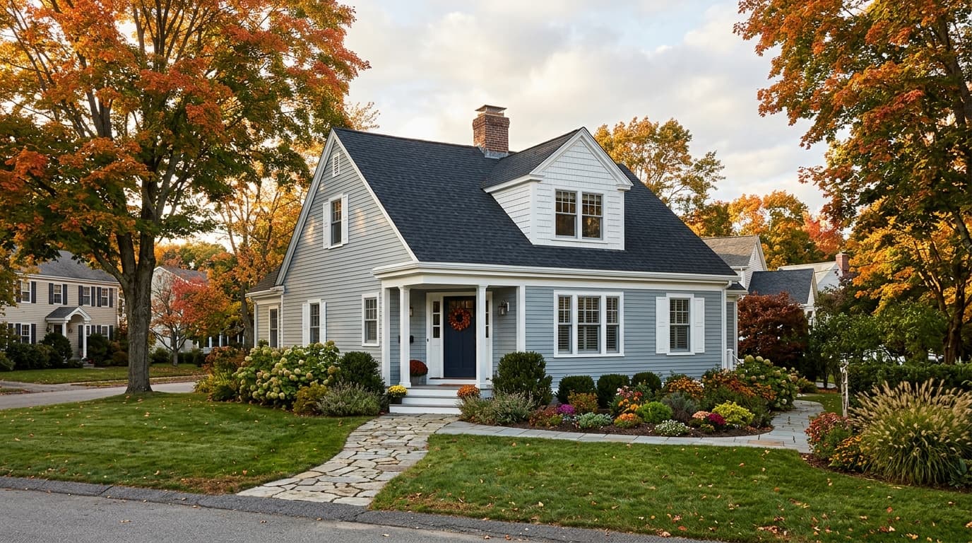A New England cape with freshly installed blue-gray lap siding, white trim and corner boards, a shingle-accented front dormer, and a stone walkway under autumn maples
