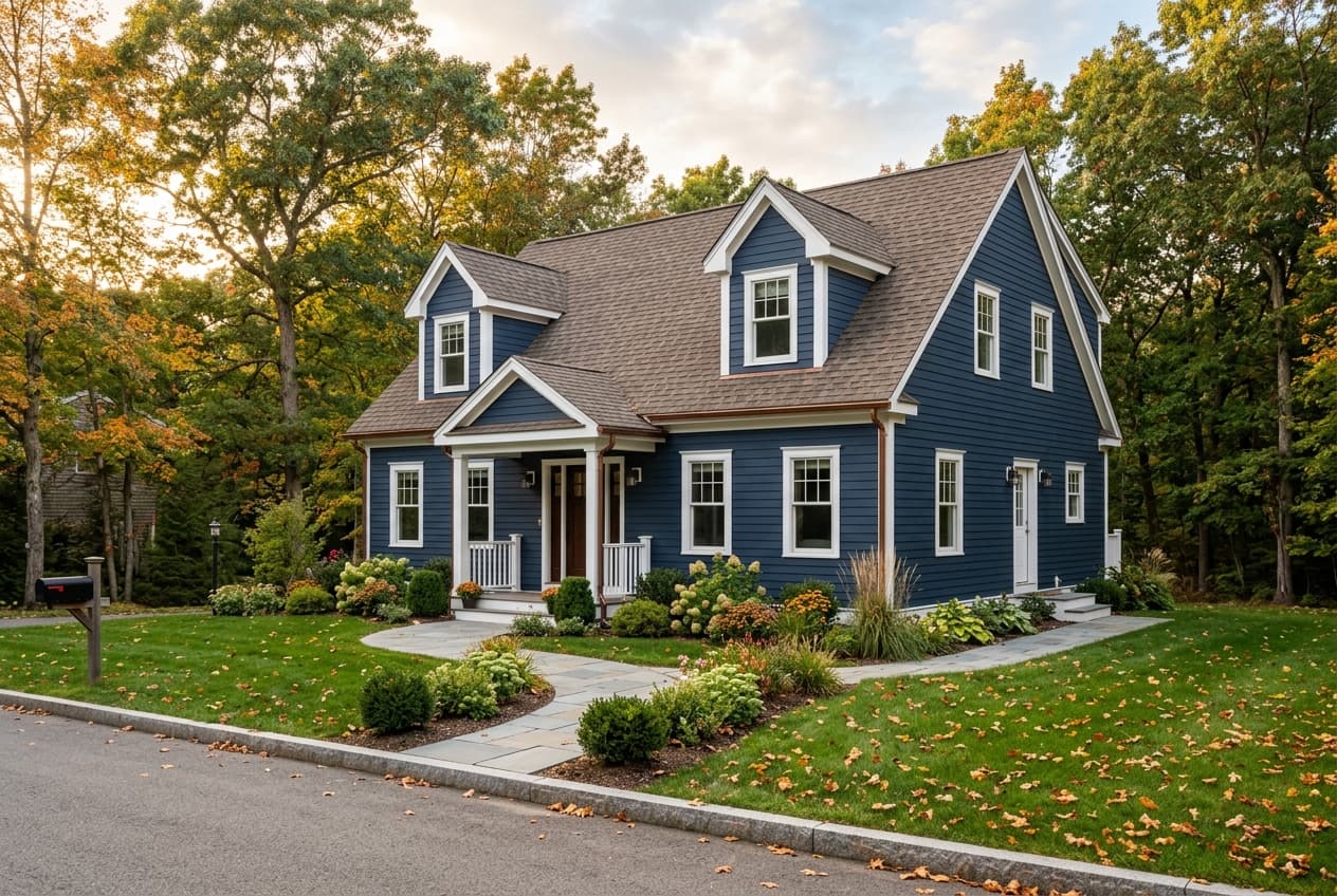 Finished New England cape with a new brown architectural shingle roof and new navy lap siding with white trim, chosen to work as one design