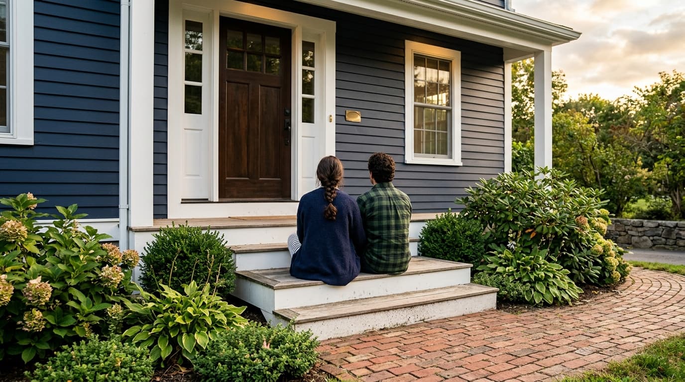 A couple sitting on the front steps of their home, backs to the camera, looking up at newly installed navy lap siding and white trim in late-afternoon light