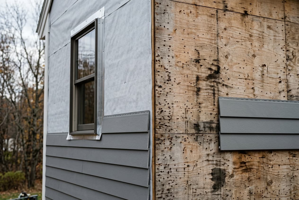 Exterior wall mid-installation: house wrap and window flashing done on the left, bare sheathing with no barrier on the right