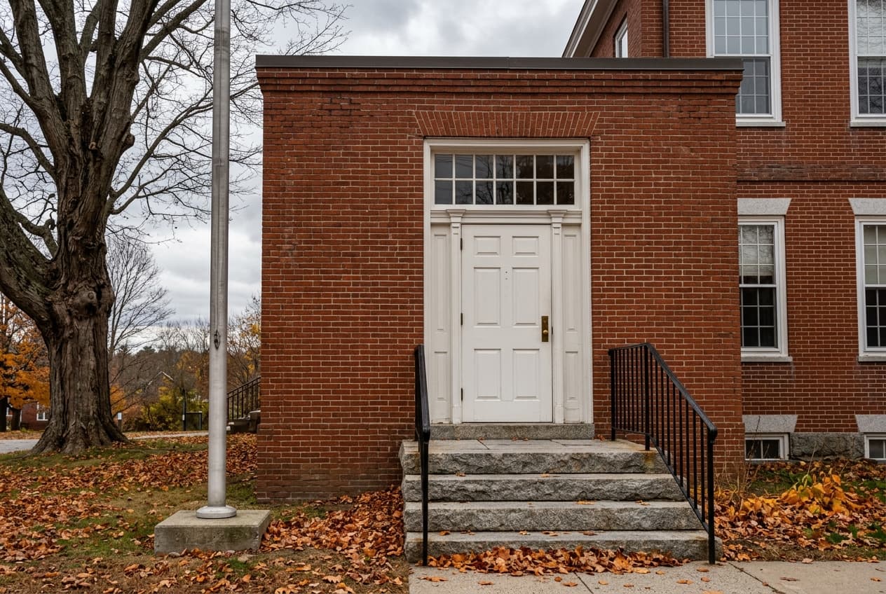 Brick entrance of a small New England town building with a white door and granite steps