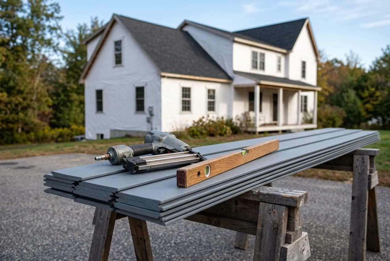 A nail gun and level resting on a stack of lap siding on sawhorses, with a house wrapped in plain house wrap behind