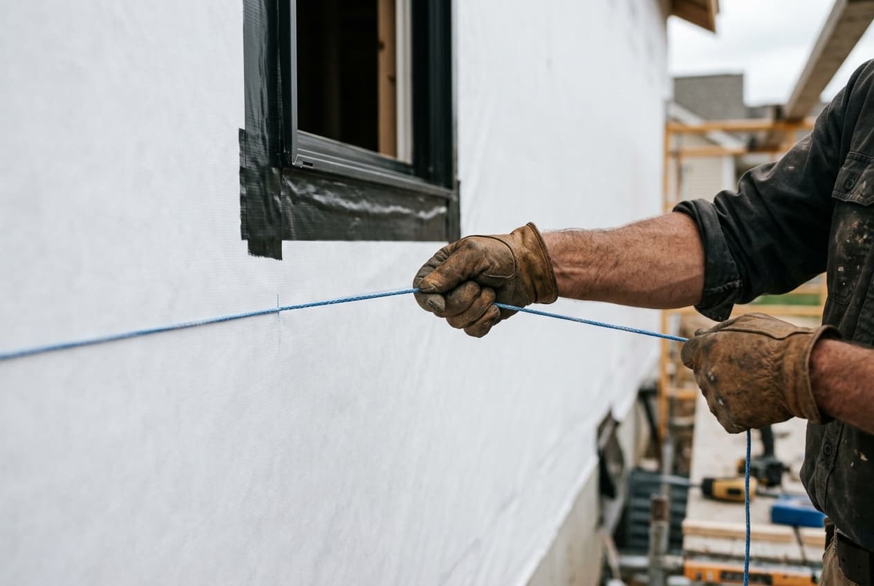 Gloved hands snapping a chalk line across house wrap beside a window on a home mid-way through a siding installation