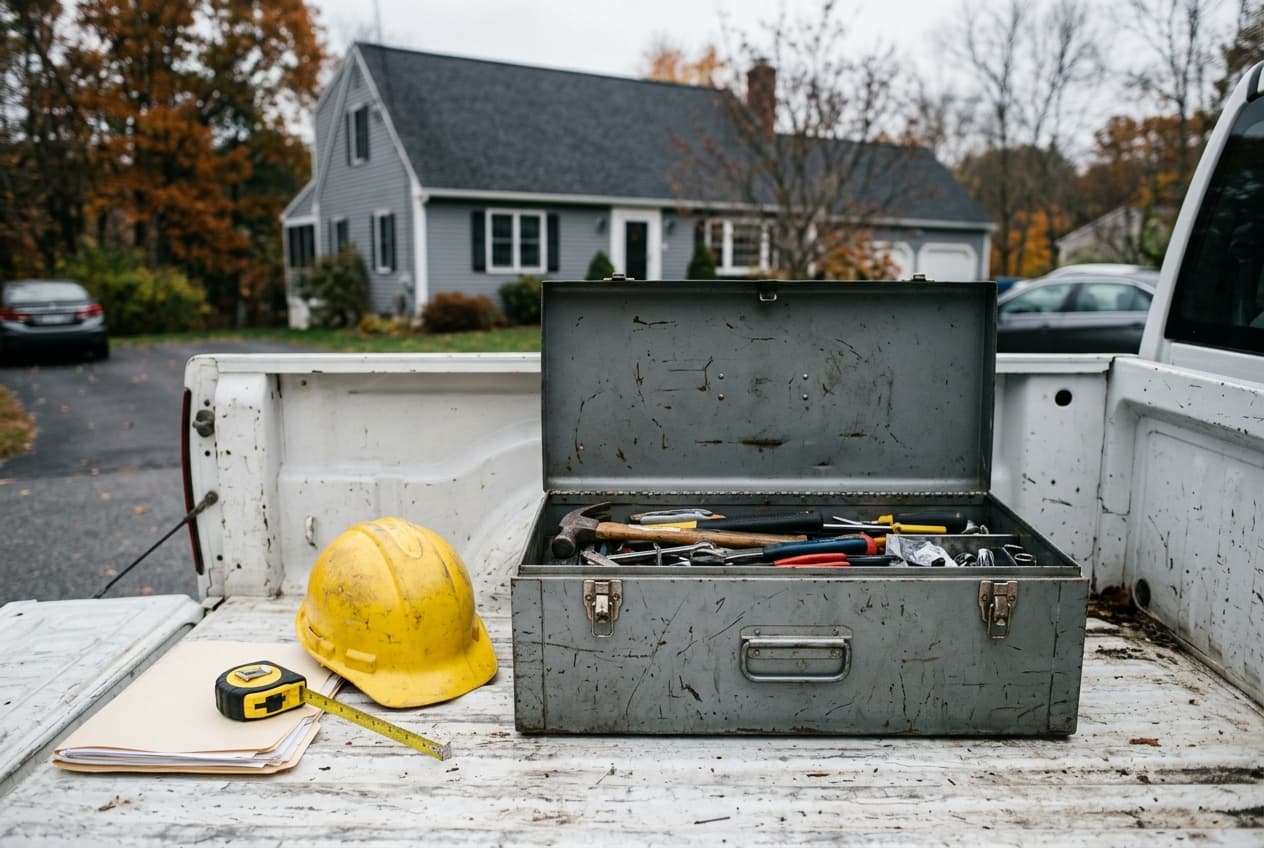 An open toolbox, hard hat, tape measure, and a plain folder in the bed of a work truck outside a New England home