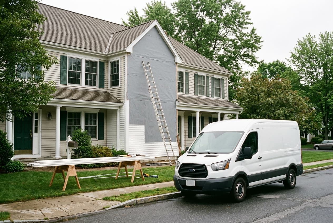 An unmarked work van parked in front of a New England colonial mid-siding-installation, with a ladder against the wall and house wrap exposed on one section