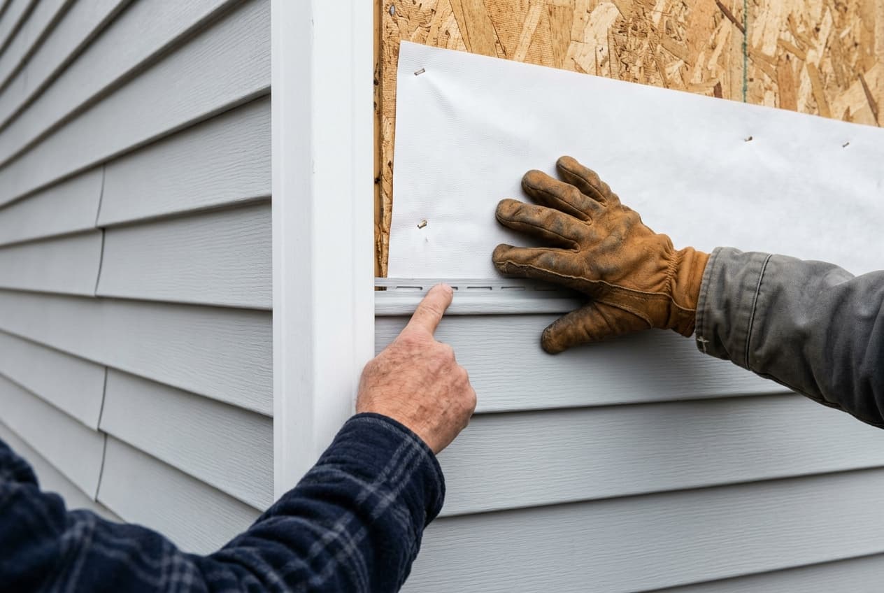 A homeowner's hand pointing to the seam where house wrap meets newly installed lap siding at the corner of a home, with a contractor's gloved hand beside it
