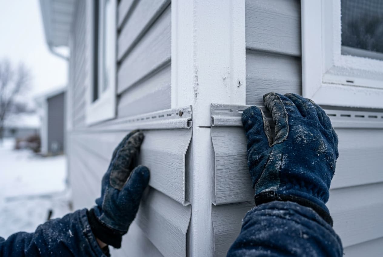 Gloved hands fitting a vinyl siding panel against a frosted corner post, leaving a visible expansion gap