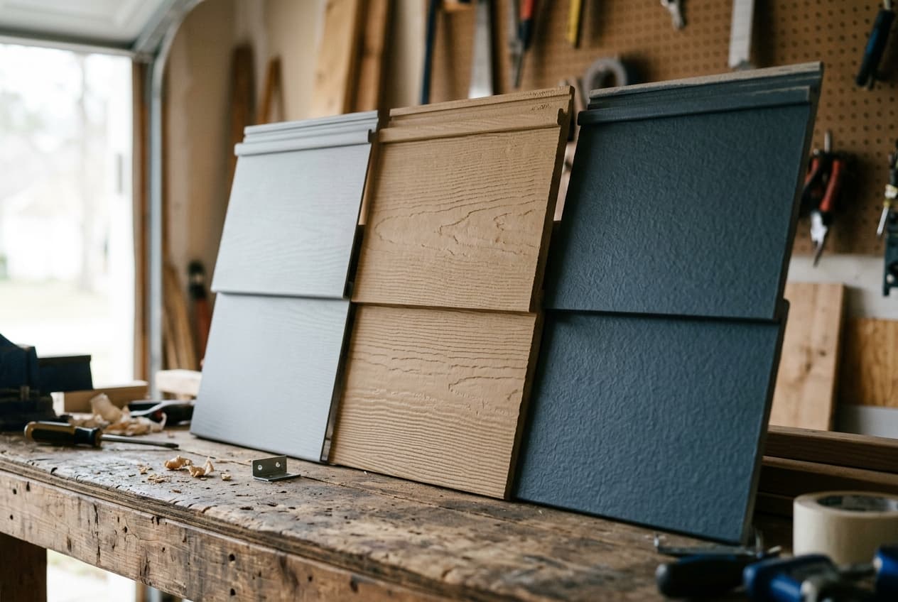 Three siding sample boards side by side: smooth vinyl lap, wood-grain engineered wood lap, and fiber cement lap