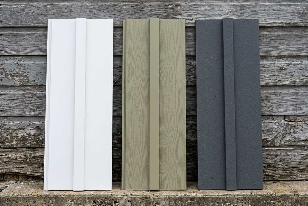 Three vertical board-and-batten siding samples leaned against a weathered barn wall: white vinyl, sage engineered wood with wood grain, and charcoal fiber cement