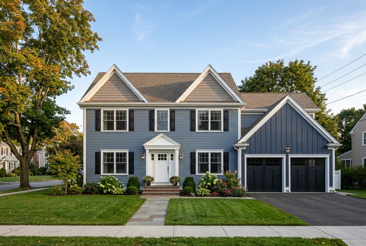 New England colonial mixing slate-blue lap siding on the walls, cedar-look shake in the gables, and navy board-and-batten on the garage gable