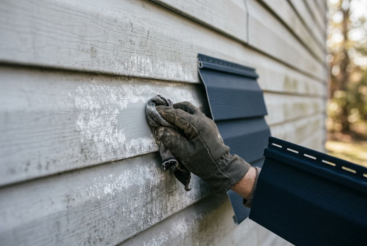 A gloved hand wiping white chalky residue from faded gray vinyl siding, with a fresh dark navy siding sample held beside it for comparison