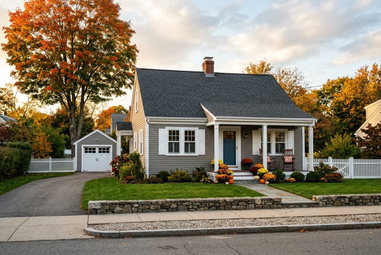 A New England cape with fresh warm-gray lap siding, white trim, porch chairs, and planters by the front steps