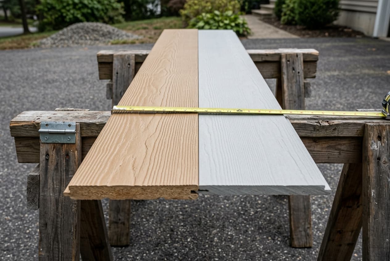 An engineered wood lap siding plank with deep cedar grain beside a fiber cement plank with a finer texture, laid across sawhorses