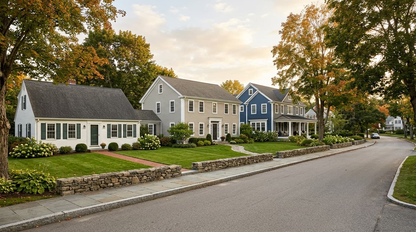 A tree-lined New England street with a white clapboard cape, a warm-gray lap-sided colonial, and a deep-blue lap-sided farmhouse behind a stone wall