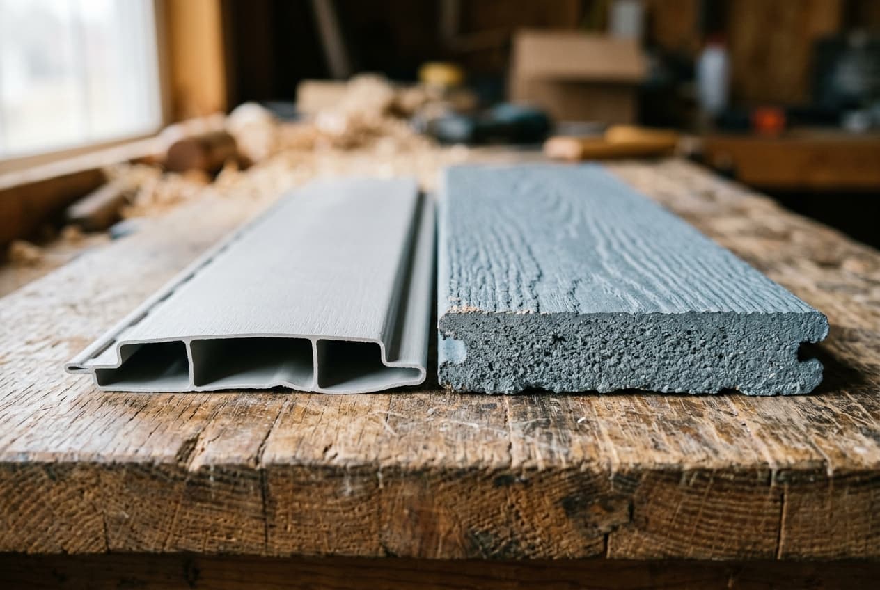 Cut end of a thin hollow vinyl lap panel beside the cut end of a thick fiber-cement plank on a workbench, showing the difference in thickness and edge texture