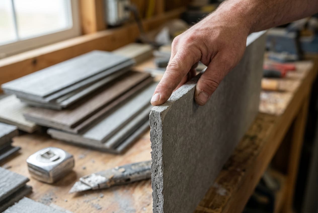 A hand pressing a fingertip against the cut edge of a gray fiber cement siding panel, with siding samples blurred on a workbench behind it