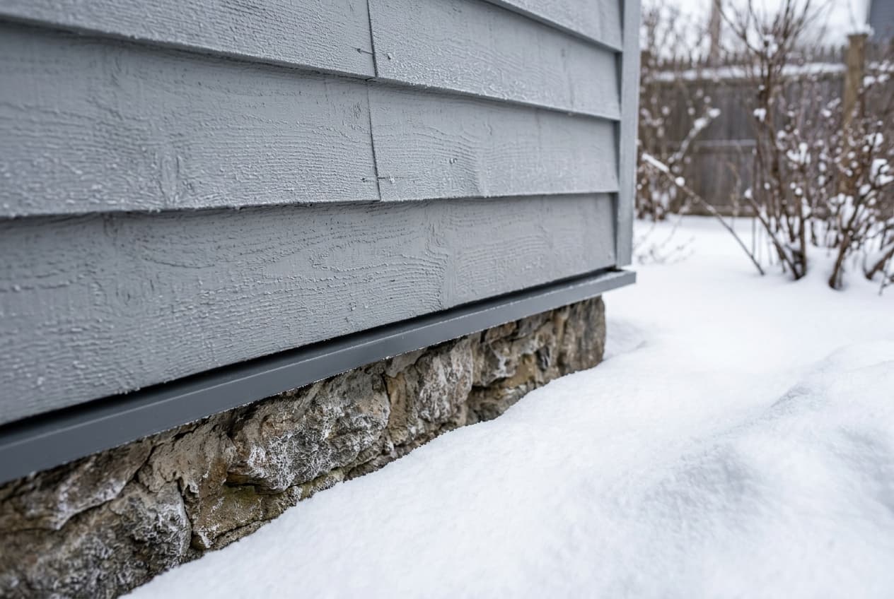 Close-up of the bottom course of gray lap siding above a snowbank, showing a clear clearance gap, a metal drip edge, and a stone foundation