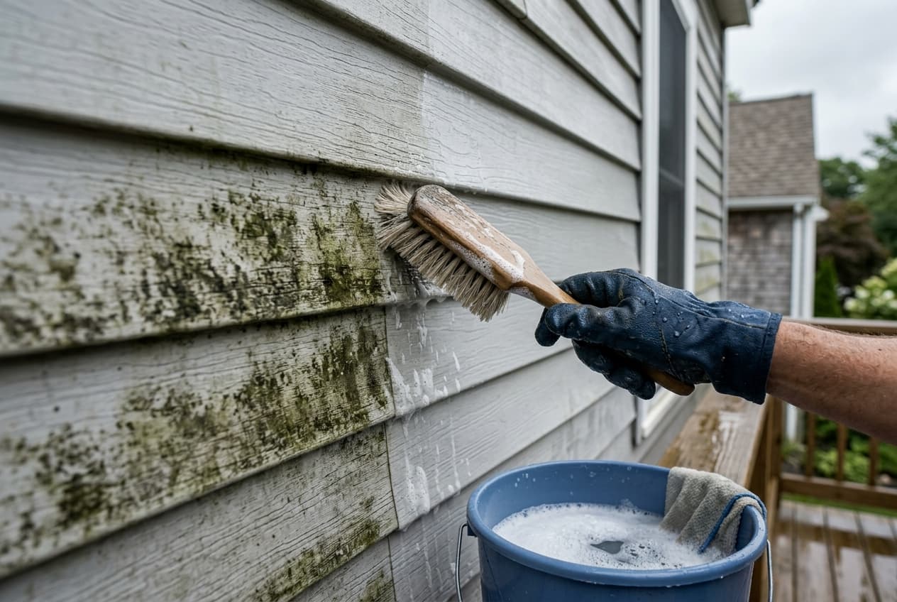 A gloved hand scrubbing green mildew from gray vinyl lap siding with a soft brush, half the section already clean