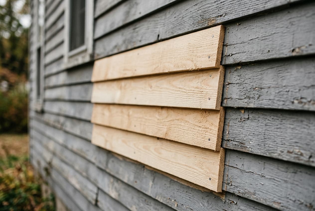 New replacement clapboard siding boards installed alongside older weathered gray-painted siding on a house wall