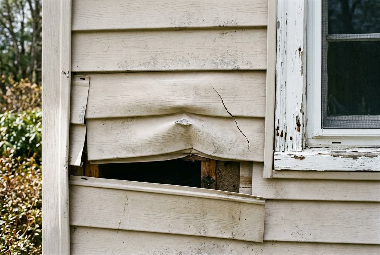 Close-up of worn vinyl siding near a window: a buckled panel, a hairline crack, a loose piece pulled away from the wall, and chalky fading