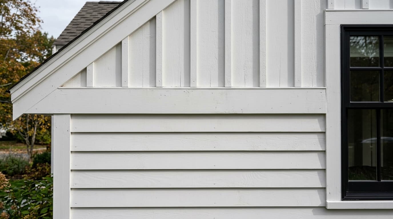 Close-up of a white house exterior where horizontal clapboard lap siding on the lower wall meets vertical board-and-batten siding in the gable above, separated by a wide white trim band beside a black-framed window