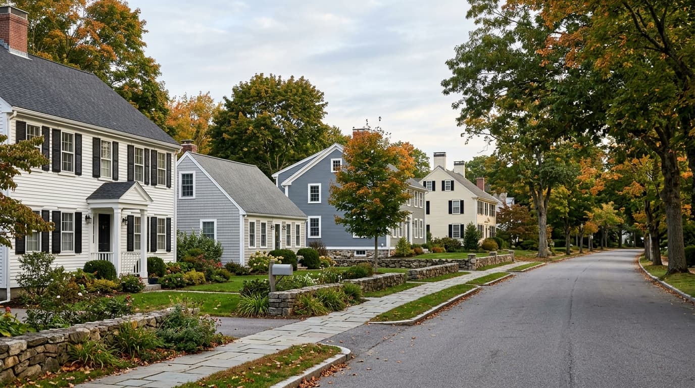 A row of well-kept New England homes on a quiet street: a white clapboard colonial, a soft gray Cape, a muted blue-gray farmhouse, and a cream house with black shutters