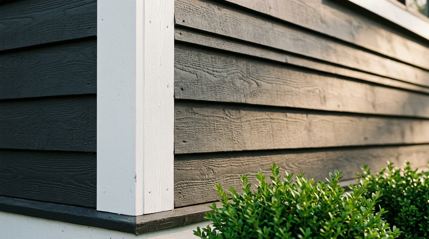 Close-up of near-black wood-grain lap siding meeting a wide white corner board, with a warm gray-brown wall beyond it in raking afternoon light