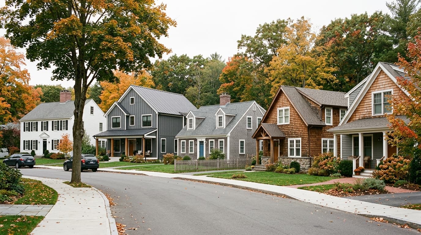 Five small New England homes along one tree-lined street, each in a different siding style: a white clapboard colonial, a charcoal board-and-batten farmhouse, a weathered gray shingled Cape, a warm brown shake cottage, and a gray house with lap siding below and shake in the gable