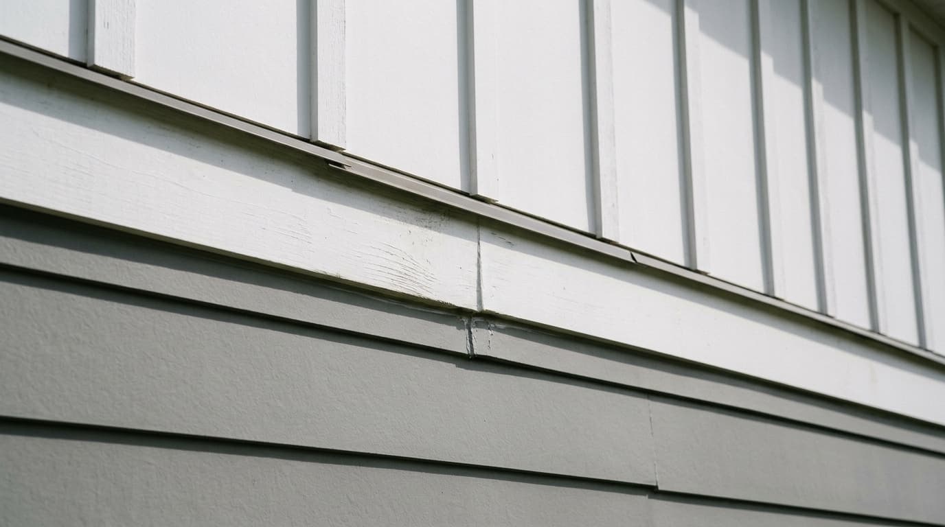 Close-up of a house wall where gray horizontal lap siding meets a white trim band with a sloped metal cap, and white vertical board-and-batten siding continues above it