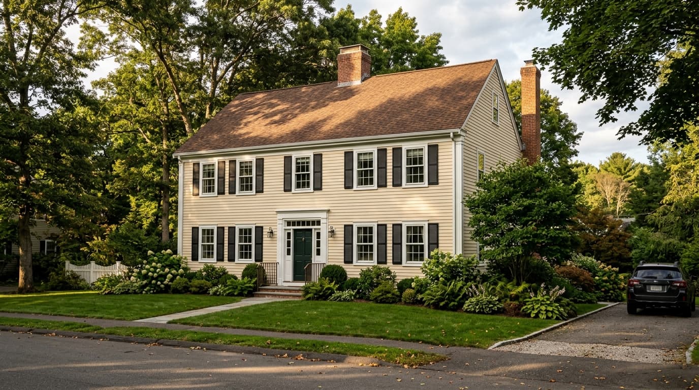 Two-story New England colonial with a warm brown asphalt shingle roof, warm cream lap siding, white window trim and corner boards, black shutters, and a dark green front door