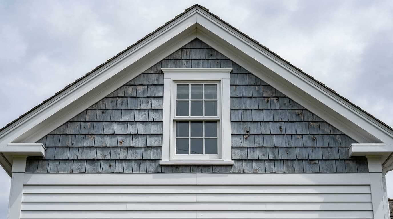 Close-up of a New England gable with blue-gray staggered shake siding above white horizontal lap siding, separated by a white trim band, with a white-cased window in the peak