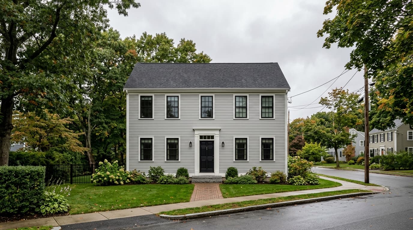 Two-story New England colonial with light gray lap siding, black window trim, black sashes, and a black front door framed in white casing