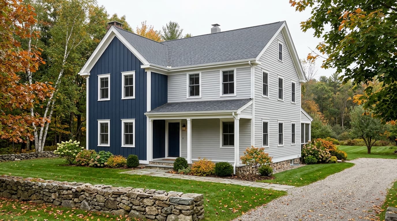New England farmhouse with soft gray lap siding on the side walls and a deep navy board and batten front gable, separated by white trim boards, with white window casings and a small front porch