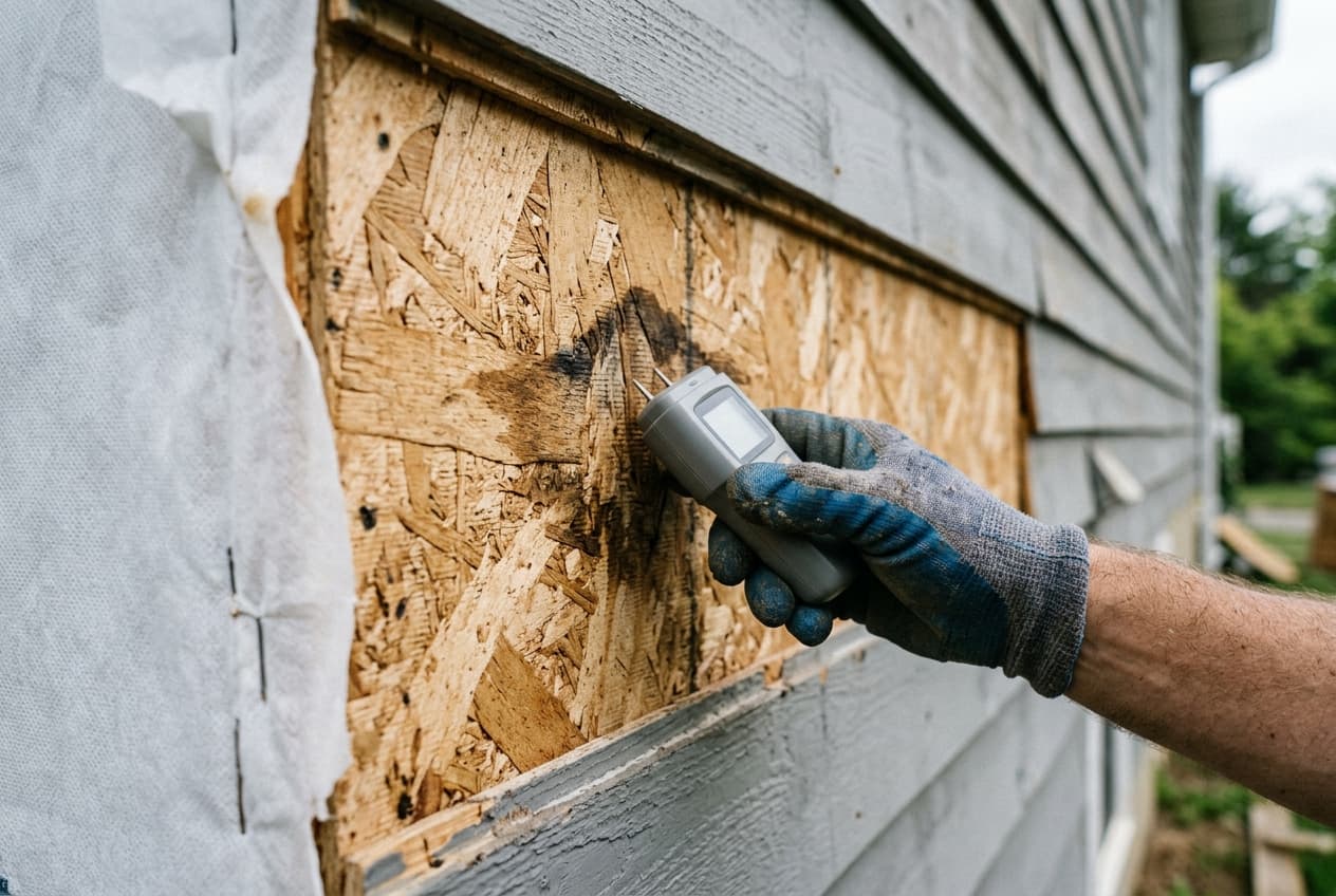 A gloved hand holding a moisture meter against exposed wall sheathing where a course of siding has been removed, with a dark water stain on the wood