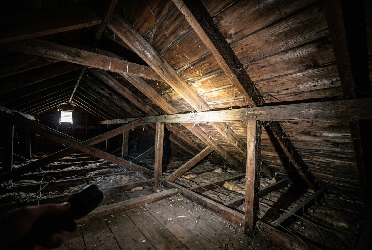 The underside of a roof deck and rafters seen from inside the attic, lit by a flashlight