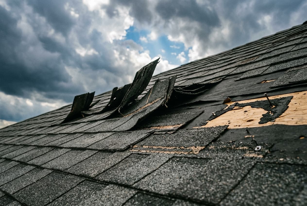 Wind-lifted and missing asphalt shingles on a New England roof after a storm