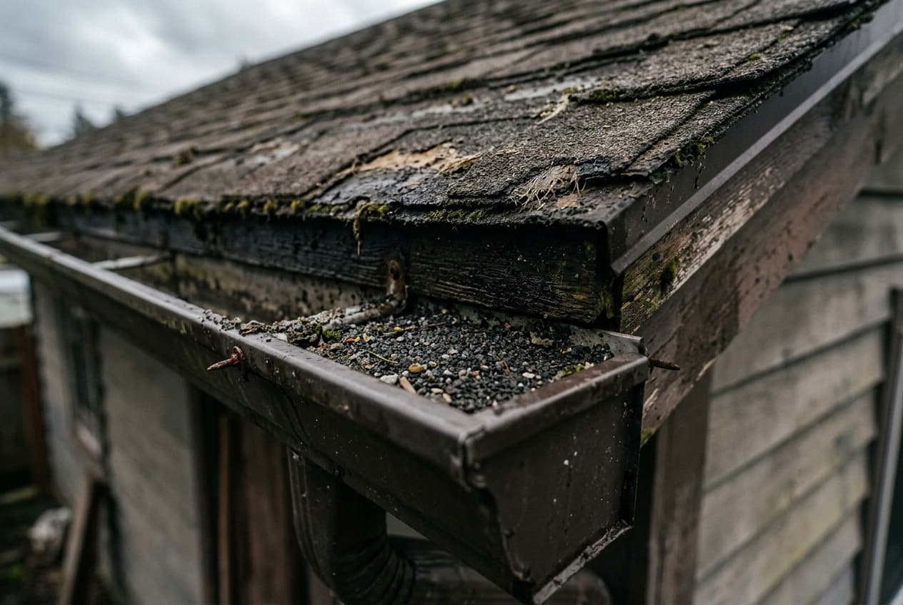 Aging asphalt shingles on a New England roof showing curling edges, bare patches of granule loss, and lifting at the seams