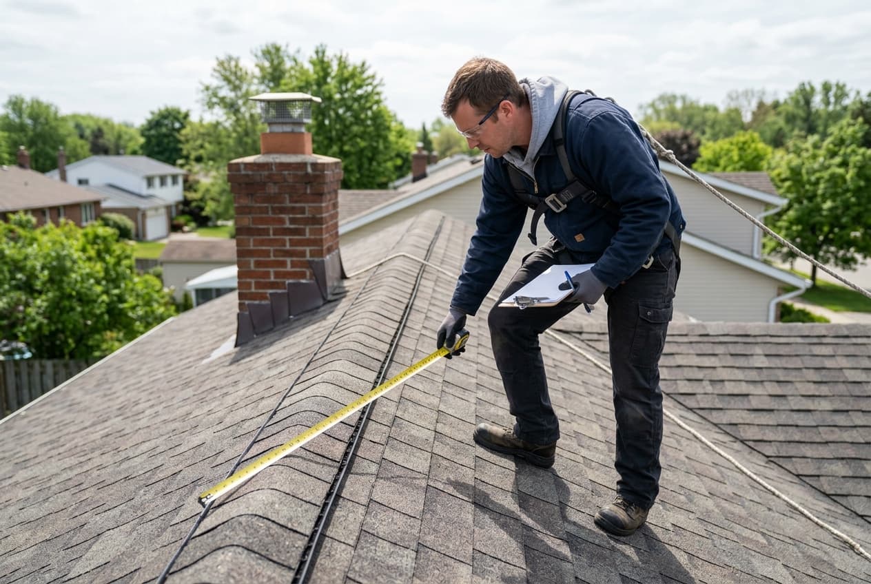 A roofing estimator on a shingle roof using a tape measure to assess the work