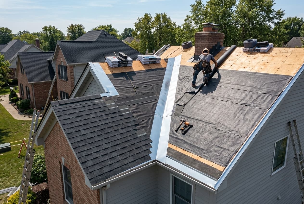 A roof mid-installation showing underlayment, flashing, and shingles