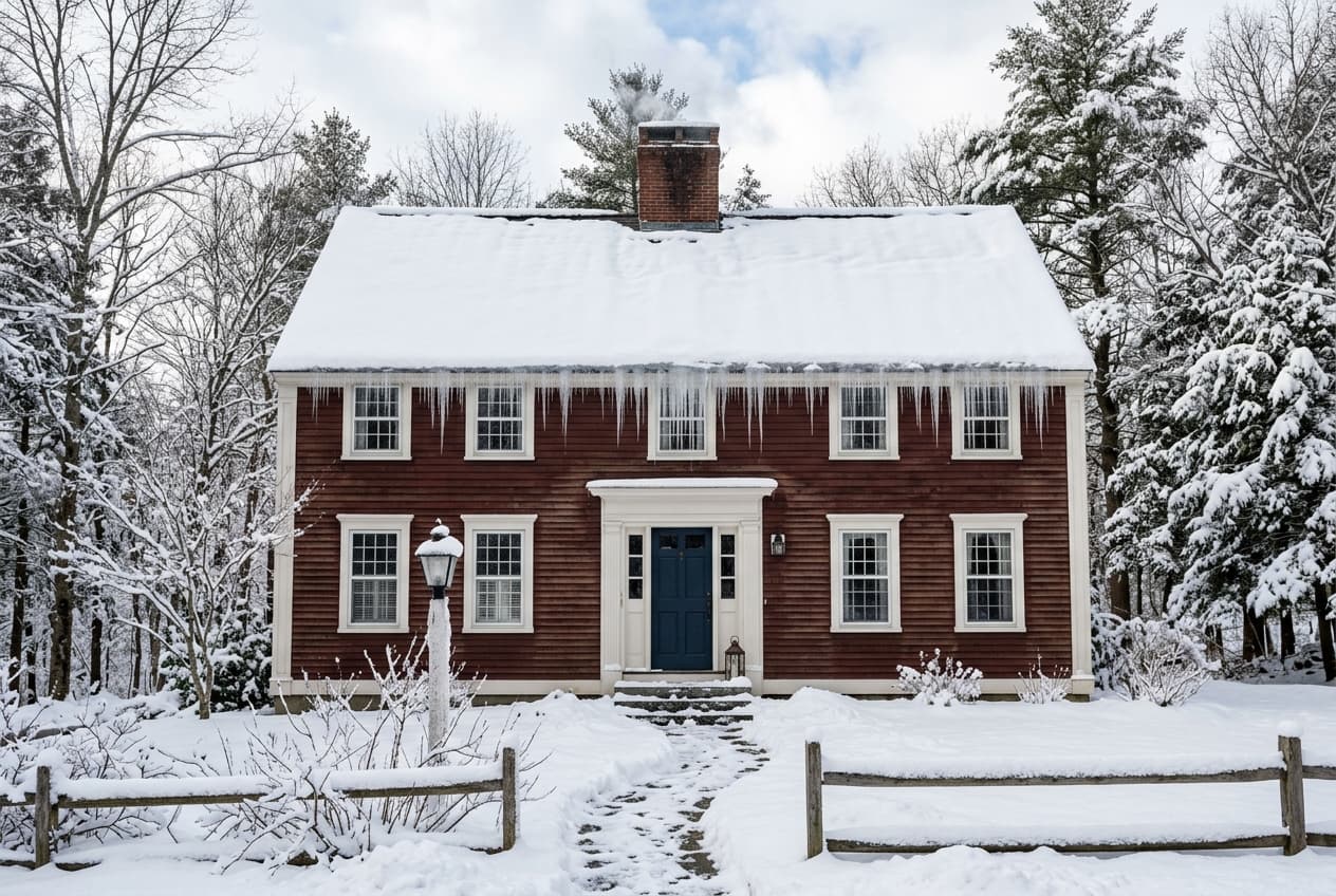 A New England colonial home with its roof covered in snow and icicles on the eaves