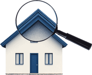 Blue roofing shingles under magnifying glass