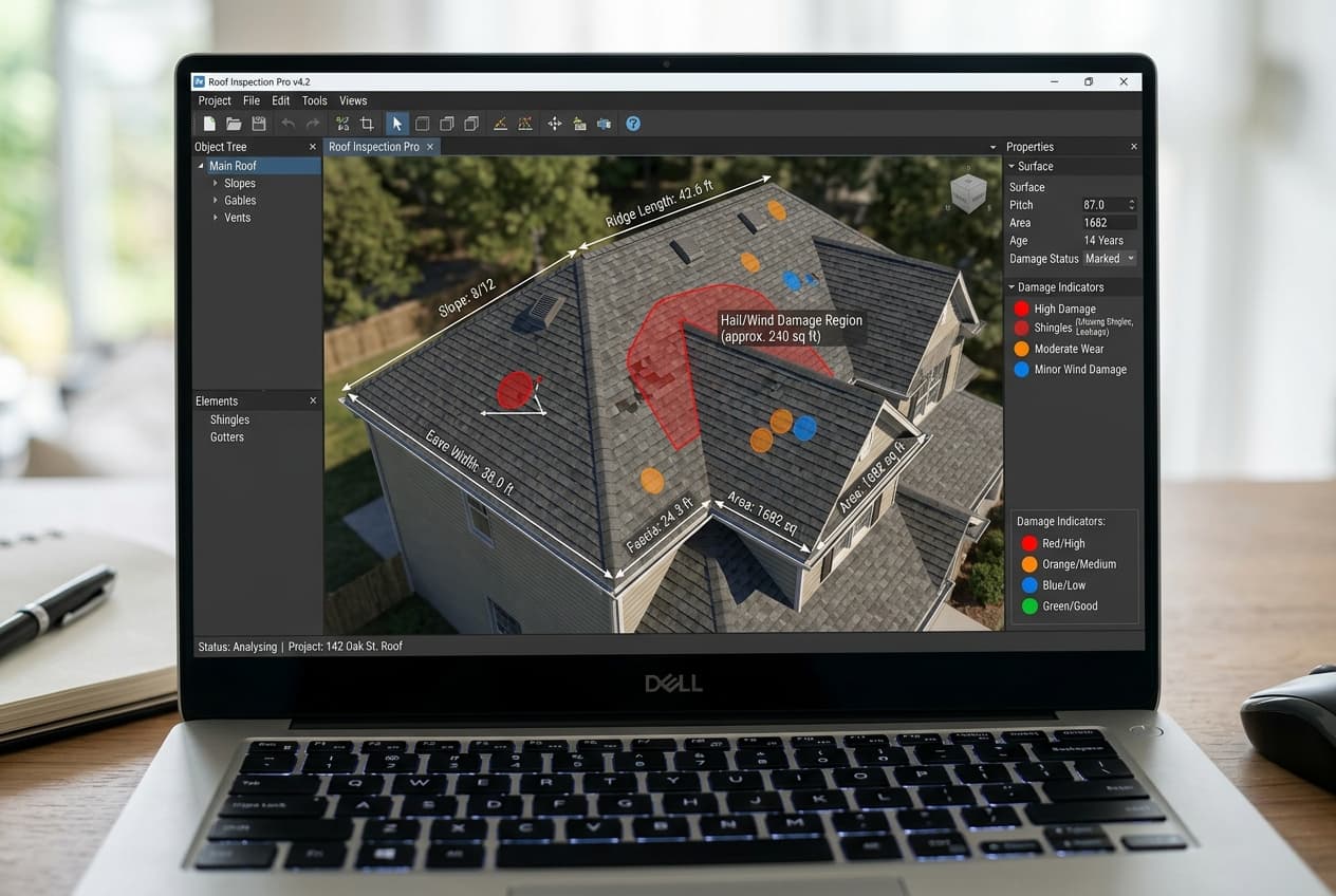 A 3D rendered model of a residential roof on a laptop with annotations and measurements