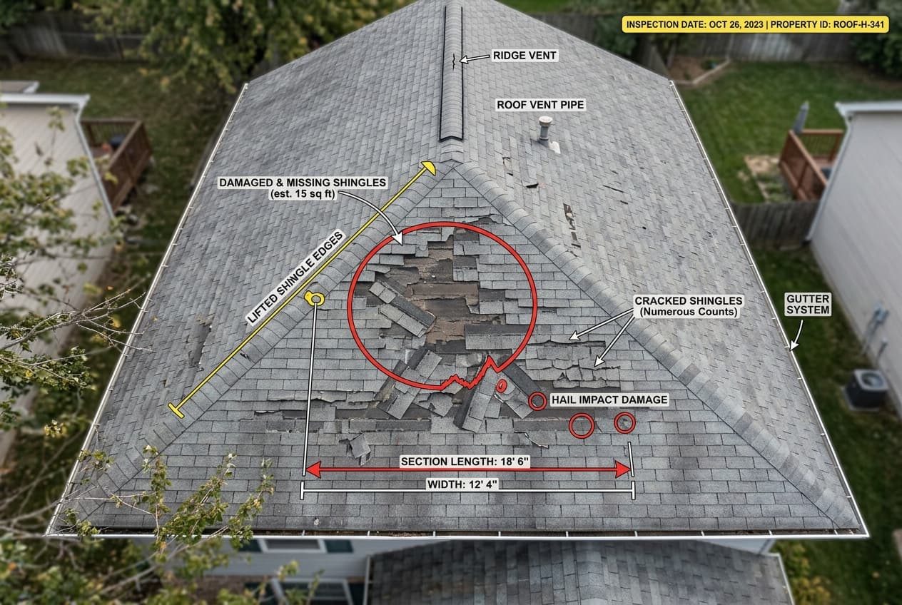 An aerial drone photograph of damaged roof shingles with measurement callouts and damage markers