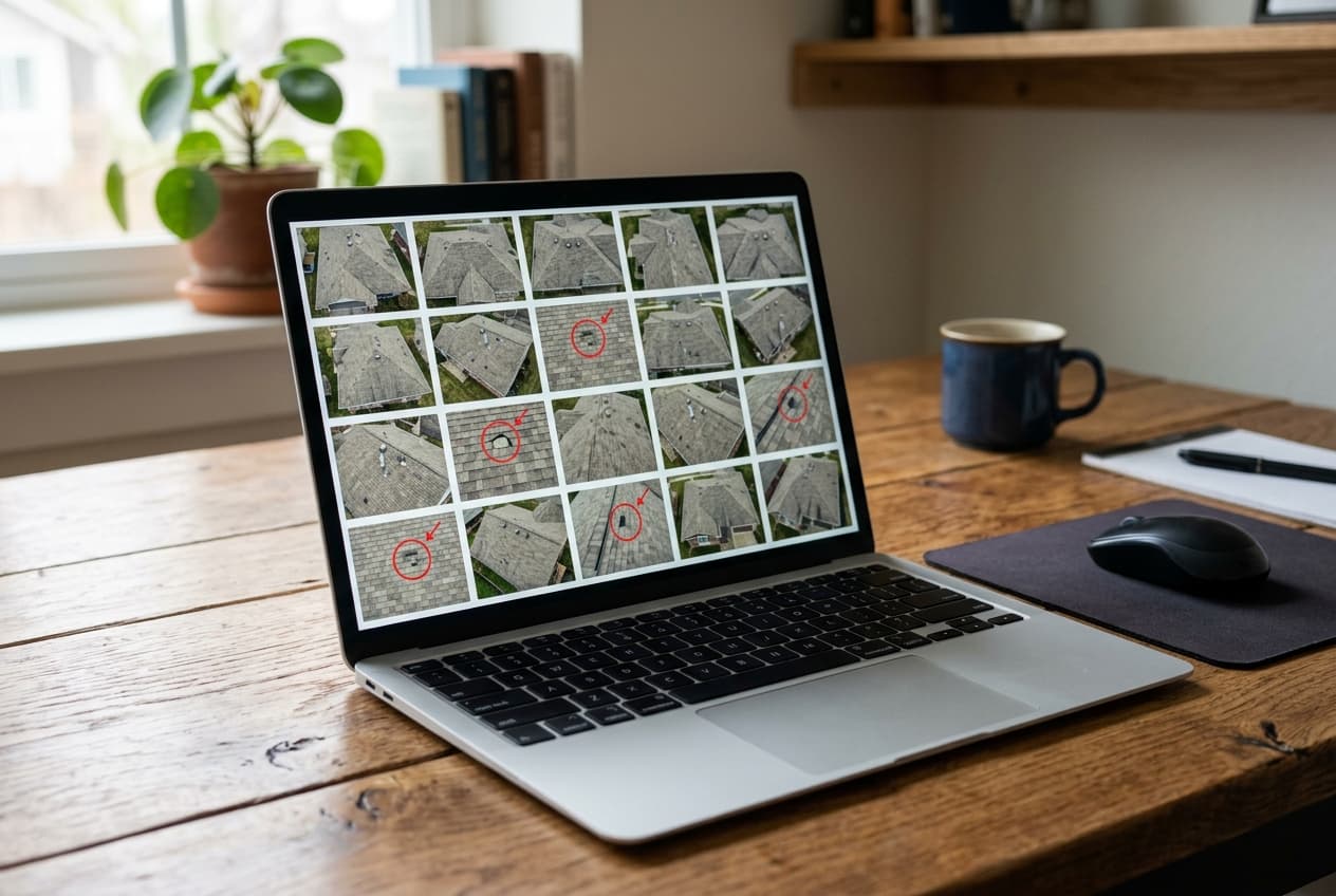 A roof report open on a laptop showing annotated drone photos of a residential roof